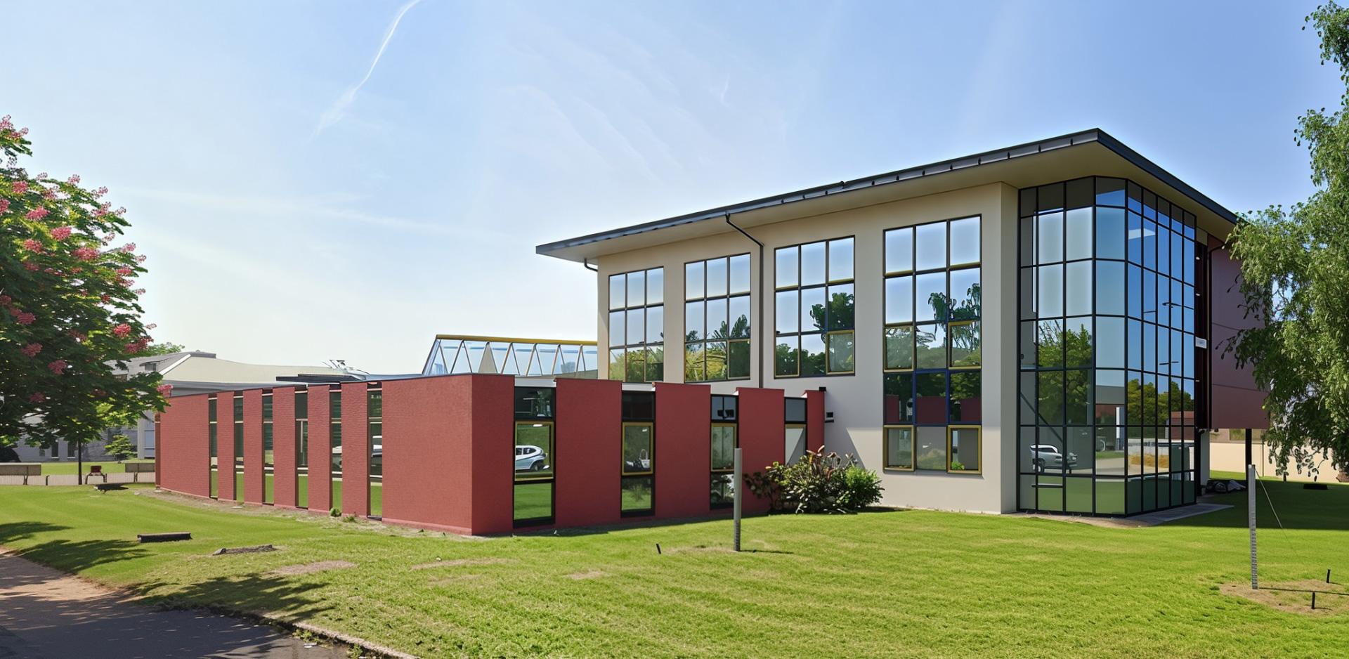 Un bâtiment de campus contemporain aux façades vitrées, entouré d’espaces verts.